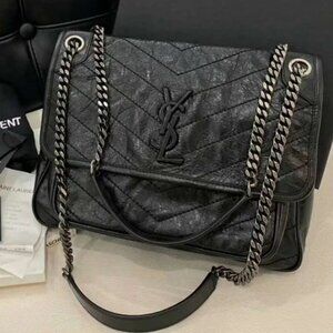 SAINT LAURENT YSL Niki Vintage Small Crossbody Bag - Black with Silver Chain and